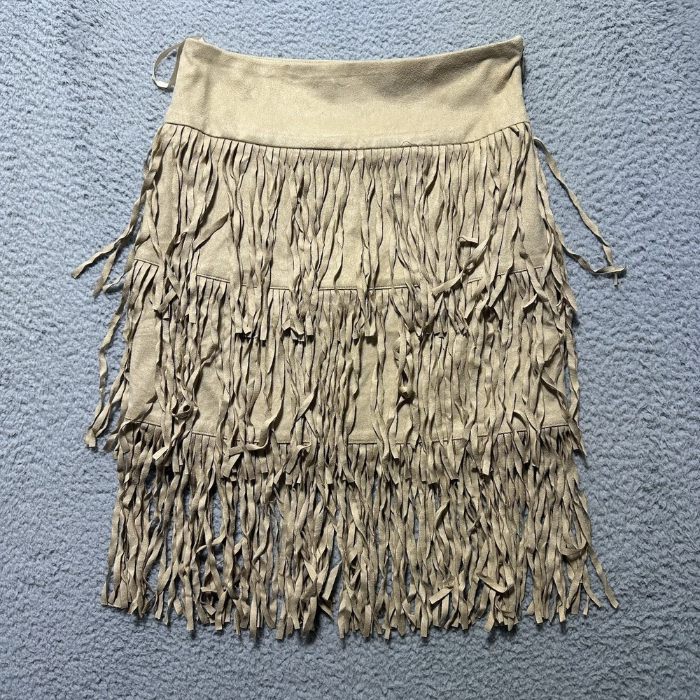 NWT Romeo & Juliet Couture Tan Fringe Faux Suede Skirt Boho Western Size S Rodeo